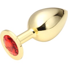  Золотистая анальная пробка GOLDEN PLUG Large с красным кристаллом 9,5 см 