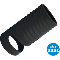  Черная открытая насадка на пенис с кольцом для мошонки XXXL-size 9,9 см 