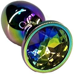  Анальная пробка цвета неохром с радужным кристаллом 7 см 