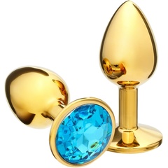  Золотистая анальная пробка с голубым кристаллом 7 см 