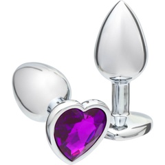  Серебристая анальная пробка с фиолетовым кристаллом в форме сердца 7 см 