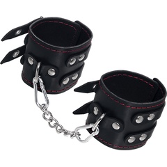 Черные кожаные наручники с двумя ремнями и контрастной строчкой 