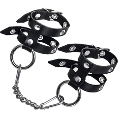  Черные однослойные кожаные наручники из двух ремешков 