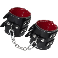  Черные кожаные наручники с двумя ремнями и красной подкладкой 