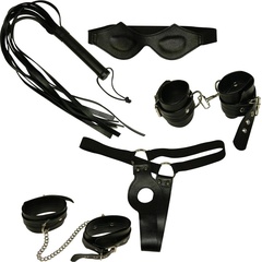  Набор фиксаций: наручники, наножники, плетка, маска и фиксация на женские половые органы 