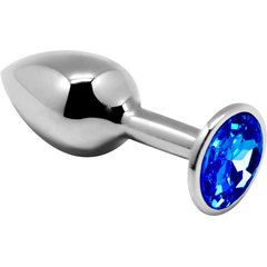  Серебристая анальная втулка с синим кристаллом Mini Metal Butt Plug Size M 8 см 