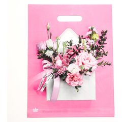  Розовый пакет с цветочным принтом и вырубной ручкой (40х31 см) 
