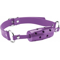  Фиолетовый резиновый кляп-цилиндр Cylinder на кожаных ремешках 