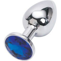  Серебряная металлическая анальная пробка с синим стразиком 7,6 см 