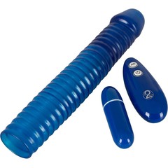  Синяя вибронасадка на пенис Vibrating Sleeve с пультом управления 22,5 см 