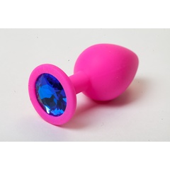  Розовая силиконовая анальная пробка с синим стразом 8,2 см 