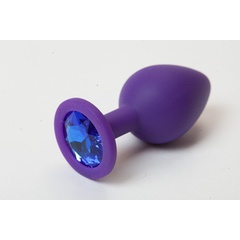  Фиолетовая силиконовая анальная пробка с голубым стразом 8,2 см 