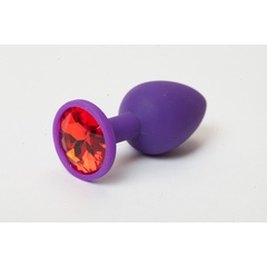  Фиолетовая силиконовая анальная пробка с красным стразом 7,1 см 