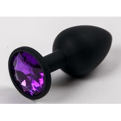  Черная силиконовая анальная пробка с фиолетовым стразом 7,1 см 
