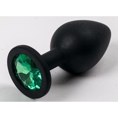  Черная силиконовая анальная пробка с зеленым кристаллом 9,5 см 