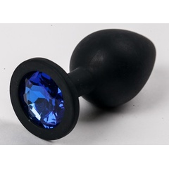  Черная силиконовая анальная пробка с синим кристаллом 9,5 см 