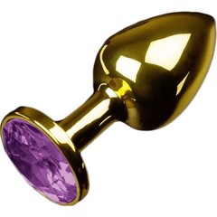  Маленькая золотистая анальная пробка с круглым кончиком и фиолетовым кристаллом 7 см 