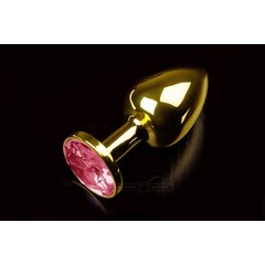  Маленькая золотистая анальная пробка с круглым кончиком и рубиновым кристаллом 7 см 