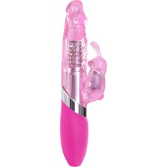  Розовый вибратор с вращением бусин и клиторальным зайчиком Power Play O-Bunny 21,5 см 