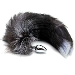  Серебристая анальная пробка с темным лисьим хвостом Black White Fox Tail Size S 