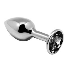 Серебристая анальная втулка с черным кристаллом Mini Metal Butt Plug Size S 7 см 