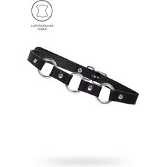  Черный кожаный чокер-ошейник с тремя кольцами 