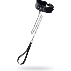  Кожаный двухслойный ошейник с белой строчкой и поводком 