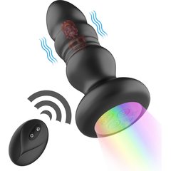  Черная анальная вибропробка с фрикционным механизмом и LED-подсветкой 12,5 см 