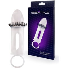  Закрытая насадка на пенис с подхватом мошонки и стимулирующими «ресничками» 