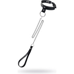  Черный узкий однослойный ошейник с серебристым поводком-цепочкой 