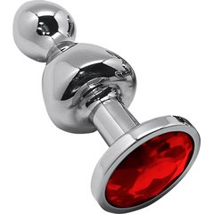  Серебристая анальная втулка Wooomy Lollypop M с красным кристаллом 9,4 см 