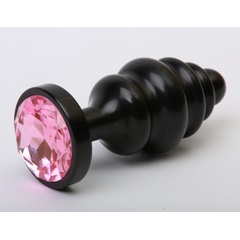 Чёрная ребристая анальная пробка с розовым кристаллом 7,3 см 