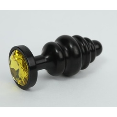  Чёрная ребристая анальная пробка с жёлтым кристаллом 7,3 см 