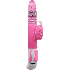  Розовый вибратор с вращением бусин и клиторальной бабочкой 30 см 