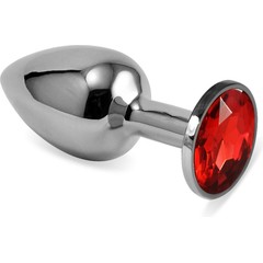  Серебристая анальная пробка с красным кристаллом размера S 7 см 