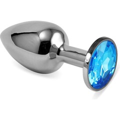  Серебристая анальная пробка с голубым кристаллом размера S 7 см 