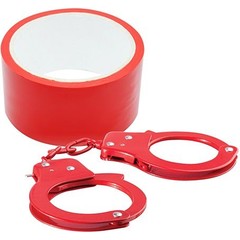 Набор для фиксации BONDX METAL CUFFS AND RIBBON: красные наручники из листового материала и липкая лента 