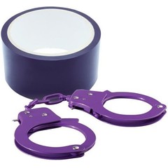  Набор для фиксации BONDX METAL CUFFS AND RIBBON: фиолетовые наручники из листового материала и липкая лента 
