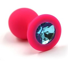  Розовая силиконовая анальная пробка с голубым кристаллом 7 см 