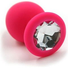  Розовая силиконовая анальная пробка с прозрачным кристаллом 7 см 