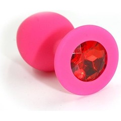  Розовая силиконовая анальная пробка с красным кристаллом 7 см 