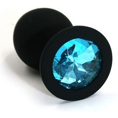  Чёрная силиконовая анальная пробка с голубым кристаллом 7 см 