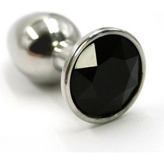  Серебристая алюминиевая анальная пробка с чёрным кристаллом 7 см 