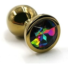  Золотистая алюминиевая анальная пробка с радужным кристаллом 6 см 