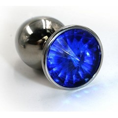  Серебристая алюминиевая анальная пробка с синим кристаллом 8,4 см 