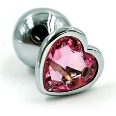  Серебристая анальная пробка с розовым кристаллом-сердцем 6 см 