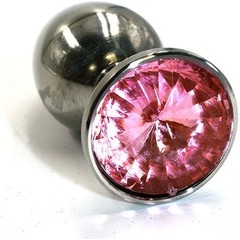  Большая серебристая алюминиевая анальная пробка с нежно-розовым кристаллом 8,4 см 