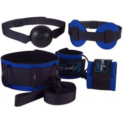  Сине-черный комплект для БДСМ-игр: наручники, кляп-шарик, маска, ошейник 