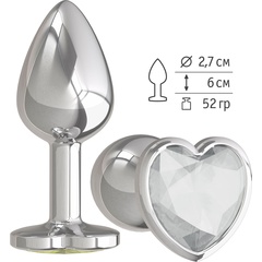  Серебристая анальная втулка с прозрачным кристаллом-сердцем 7 см 