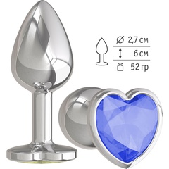  Серебристая анальная втулка с синим кристаллом-сердцем 7 см 